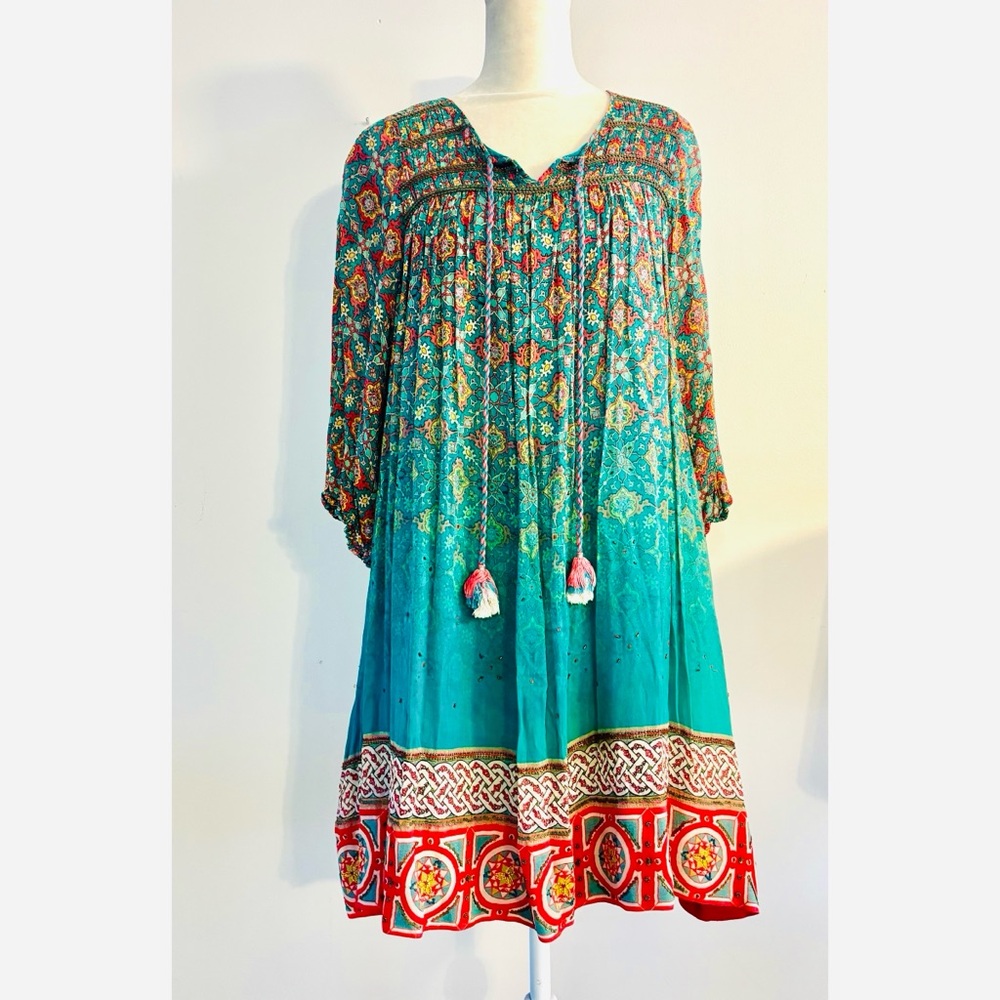 Boho Baggy Flowy Dress in Aqua and Pink with Tassel cords Rayon Size:  XS